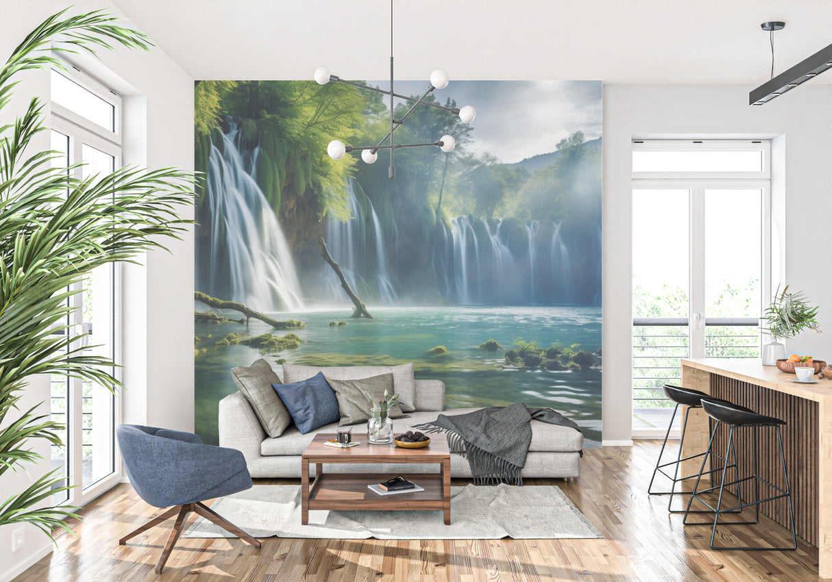 Waterfall wallpaper mural bringing outdoor freshness to home office space