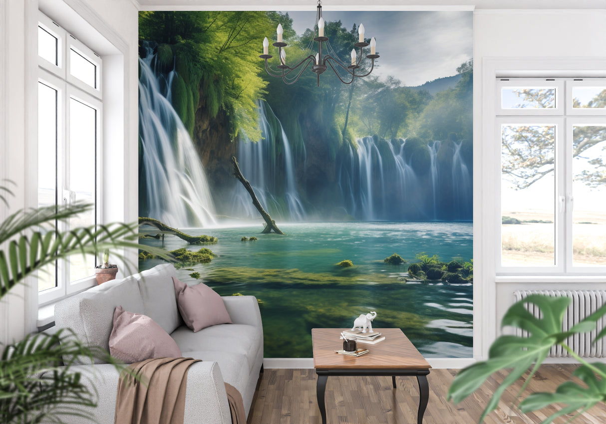 Dining room featuring forest waterfall mural creating depth and atmosphere