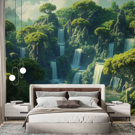 Waterfall wallpaper mural creating a peaceful atmosphere in a modern living room with natural light and minimal furniture