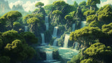 Mystical Forest Cascade waterfall wallpaper design file showing detailed water flow and rich forest elements