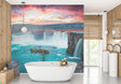 Waterfall wallpaper mural creating a stunning backdrop in a modern living room with natural light and minimal furniture