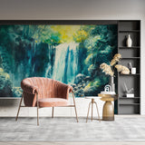 Waterfall mural wallpaper creating a spa-like atmosphere in a modern living room with natural light
