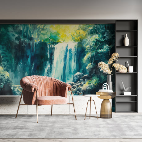 Waterfall mural wallpaper creating a spa-like atmosphere in a modern living room with natural light