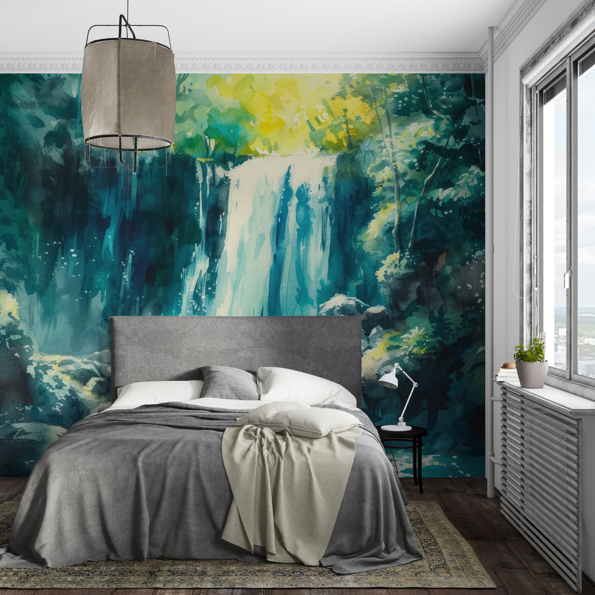 Zen waterfall wallpaper transforming a bedroom into a peaceful retreat with soft lighting