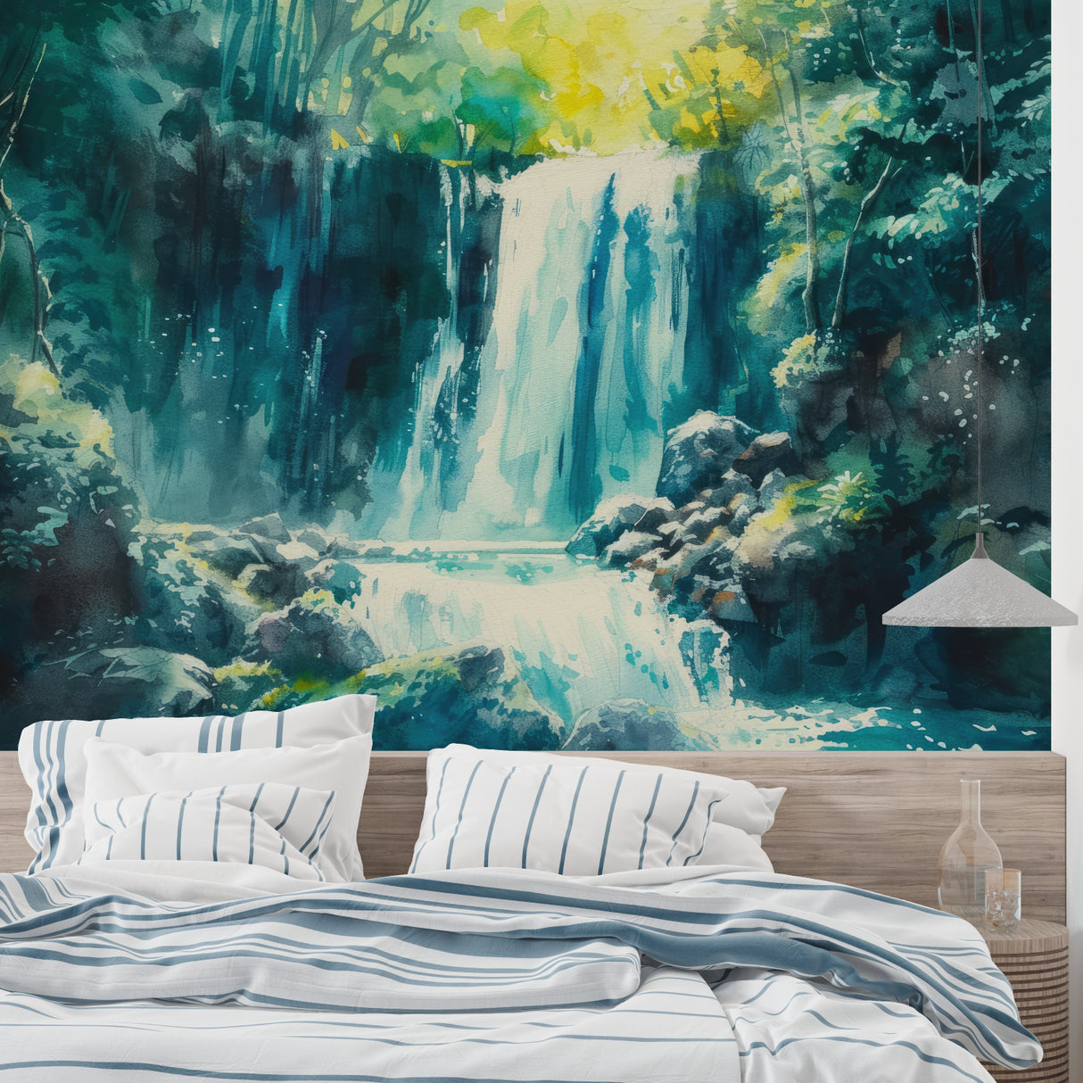 Watercolor forest waterfall mural adding depth to a minimalist dining room