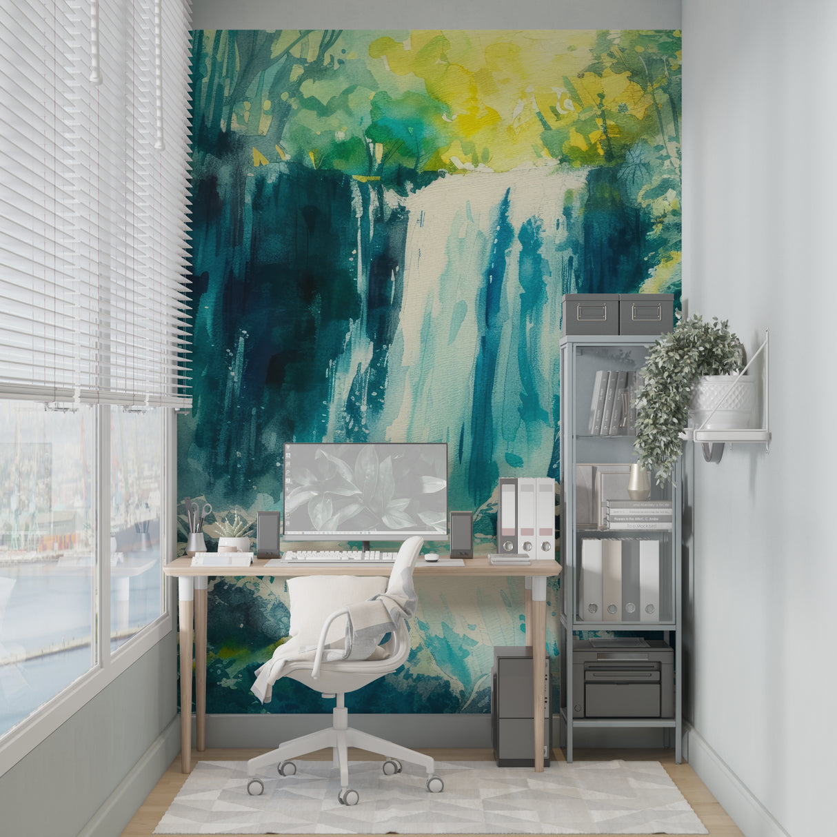 Waterfall wall mural bringing nature's calm to a home office space