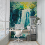 Waterfall wall mural bringing nature's calm to a home office space