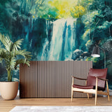Forest waterfall wallpaper creating a relaxing atmosphere in a bathroom setting