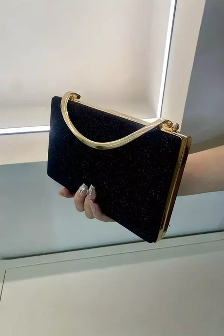 Evening Clutch Bag  Black Velvet Gold Handle Design - Product showcase