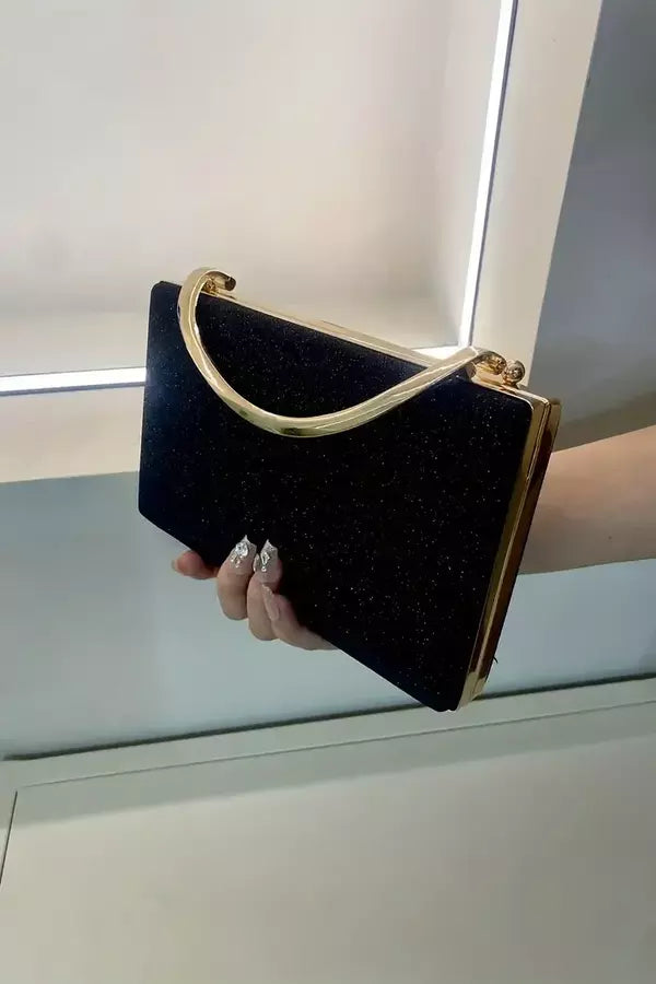 Evening Clutch Bag  Black Velvet Gold Handle Design - Product showcase