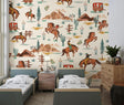 Western cowboy wallpaper in cozy children's bedroom with wooden furniture and warm lighting