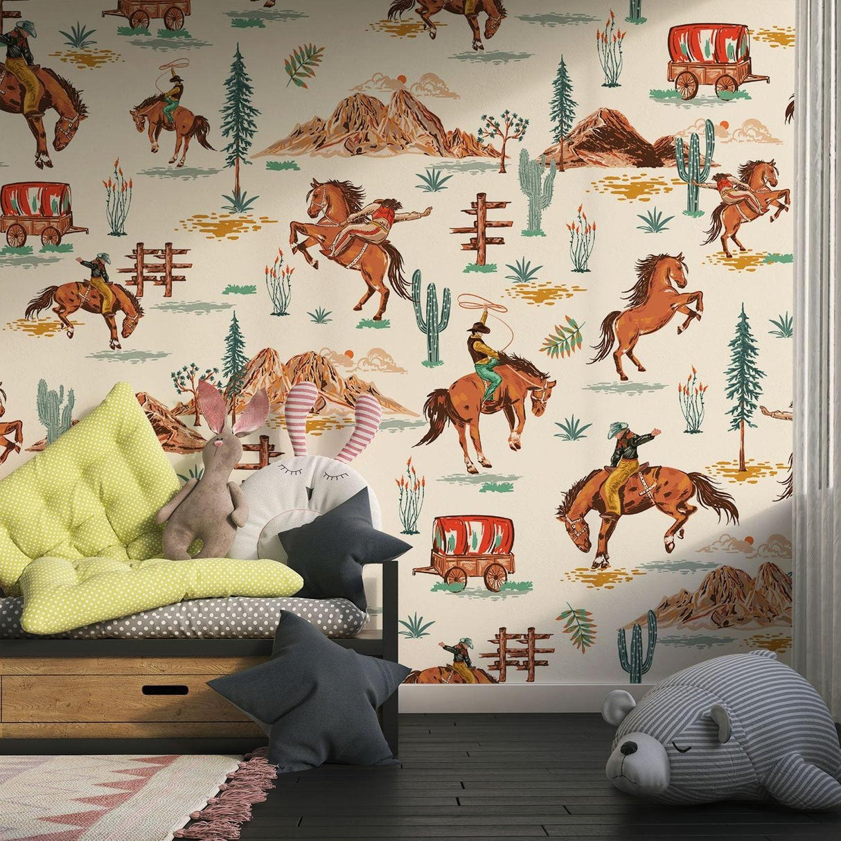 Vintage western mural in modern playroom showing desert scene with cacti and mountains