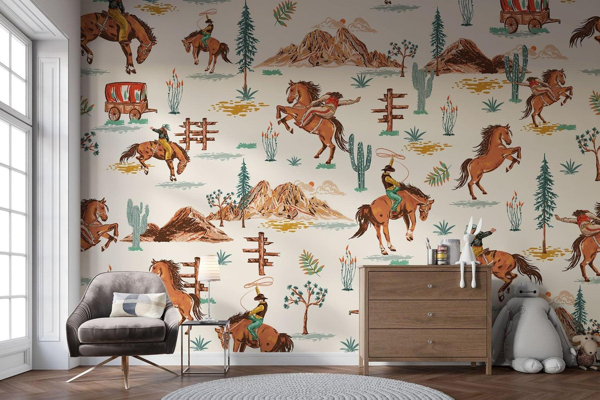 Cowboy themed wall mural in rustic home office with leather chair and desk