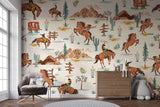 Cowboy themed wall mural in rustic home office with leather chair and desk