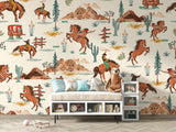 Western desert wallpaper creating atmosphere in boy's reading nook