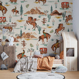 Vintage cowboy mural in family room with comfortable seating and warm decor