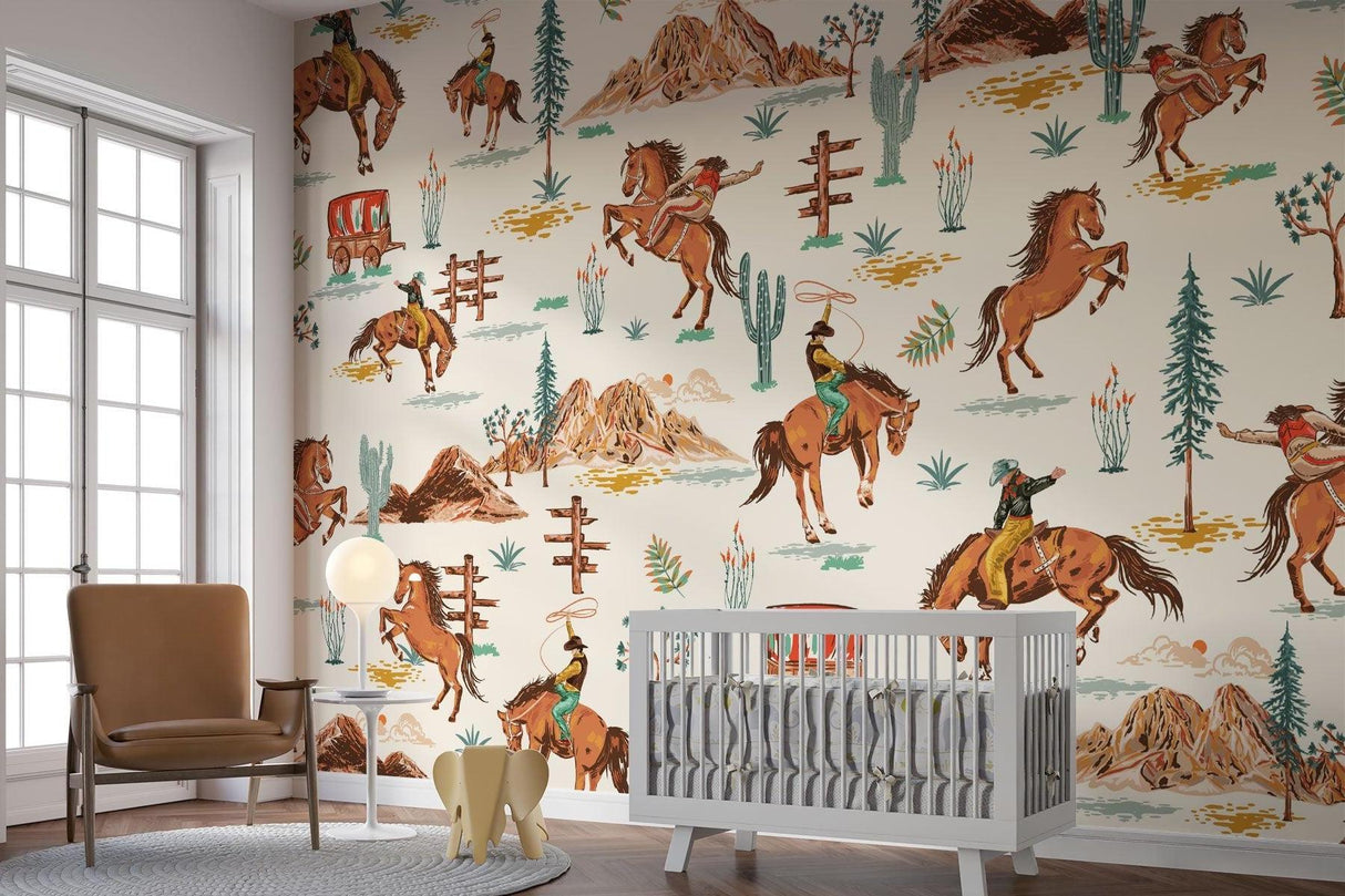 Western themed wallpaper in game room with rustic elements