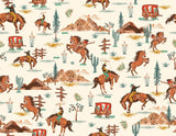 Design file showing detailed western cowboy pattern with desert landscape and vintage elements