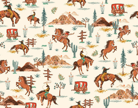 Design file showing detailed western cowboy pattern with desert landscape and vintage elements