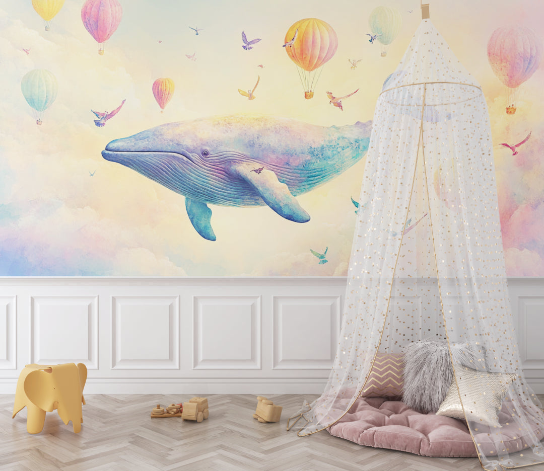 Reading nook with marine theme wallpaper showing dreamy whales and colorful hot air balloons