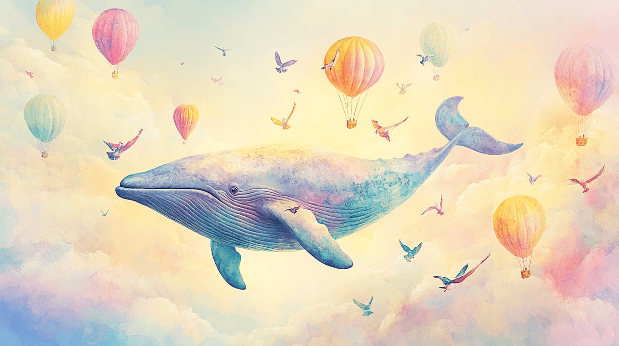 Whale and hot air balloon pattern design file showing intricate watercolor details and soft color palette