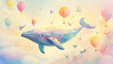Whale and hot air balloon pattern design file showing intricate watercolor details and soft color palette
