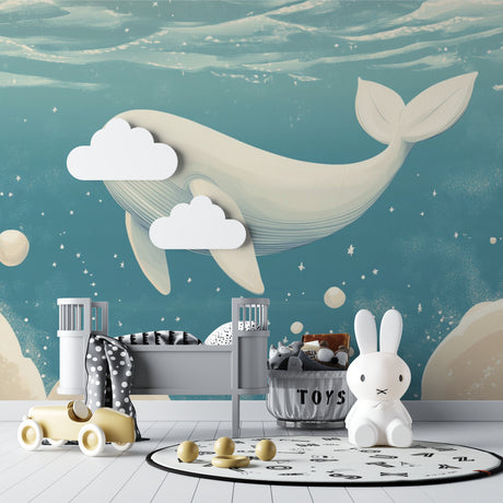 Whale wallpaper mural creating a magical atmosphere in a modern nursery with soft lighting