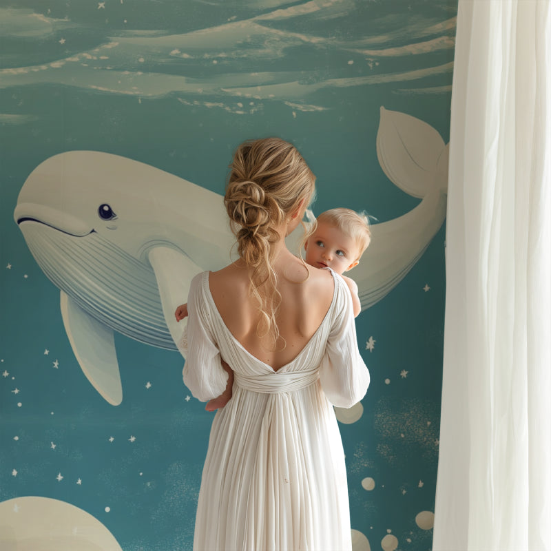 Ocean theme whale mural displayed in a cozy children's bedroom with wooden furniture