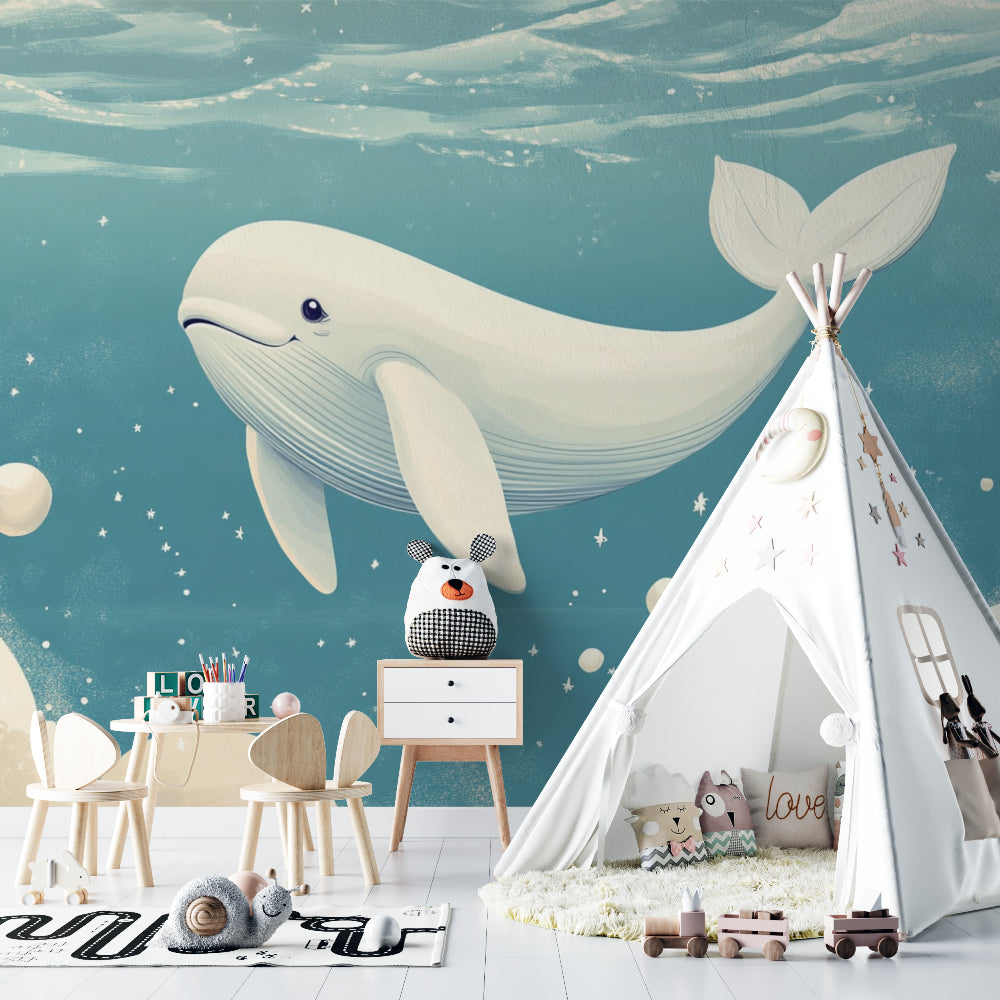 Dreamy whale wall mural brightening up a baby's nursery with gentle colors