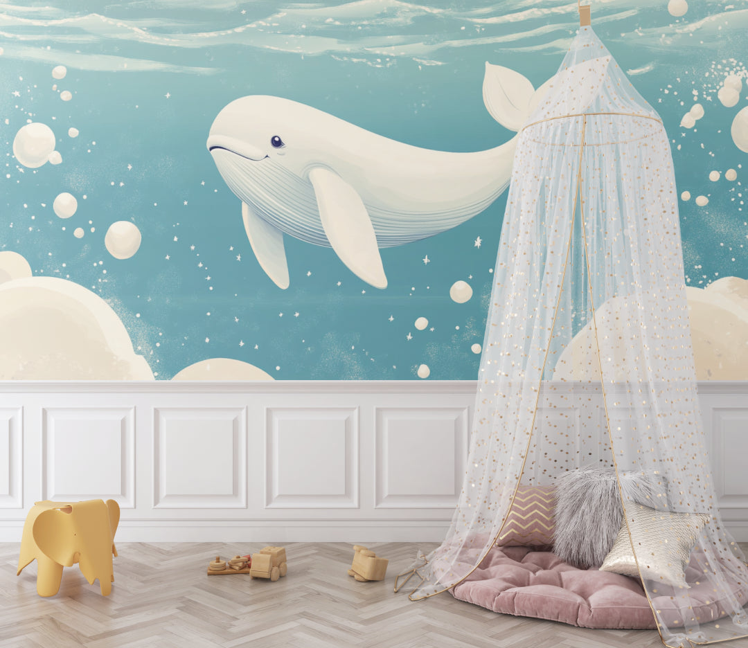 Marine themed wallpaper transforming a play area with its calming whale design