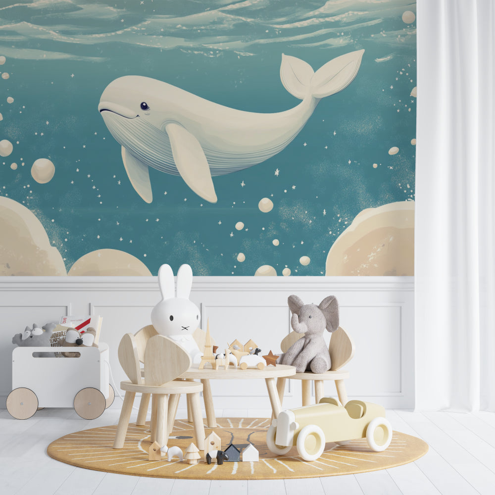 Whale mural bringing ocean magic to a reading nook corner