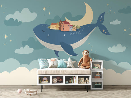 Whale wallpaper mural creating magic in a modern nursery with soft lighting and wooden furniture