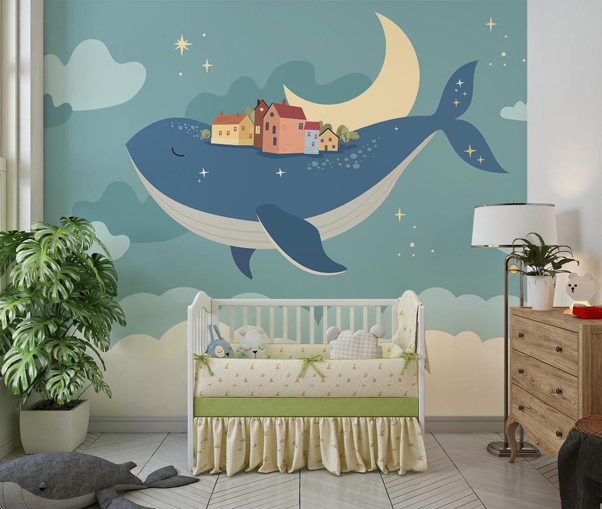 Marine wallpaper featuring whale in teenage reading nook with cozy seating