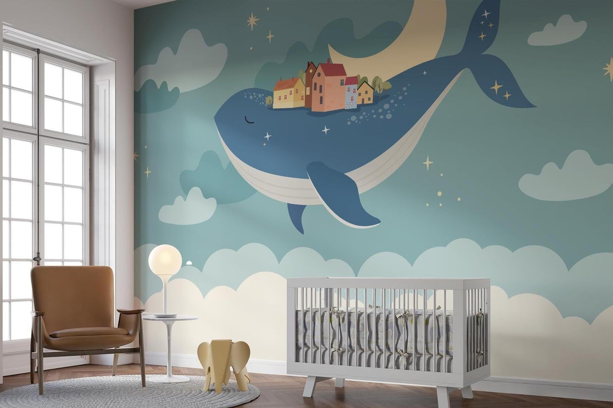 Whale and village mural adding depth to a small bedroom with minimal decor