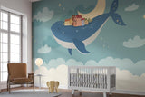 Whale and village mural adding depth to a small bedroom with minimal decor
