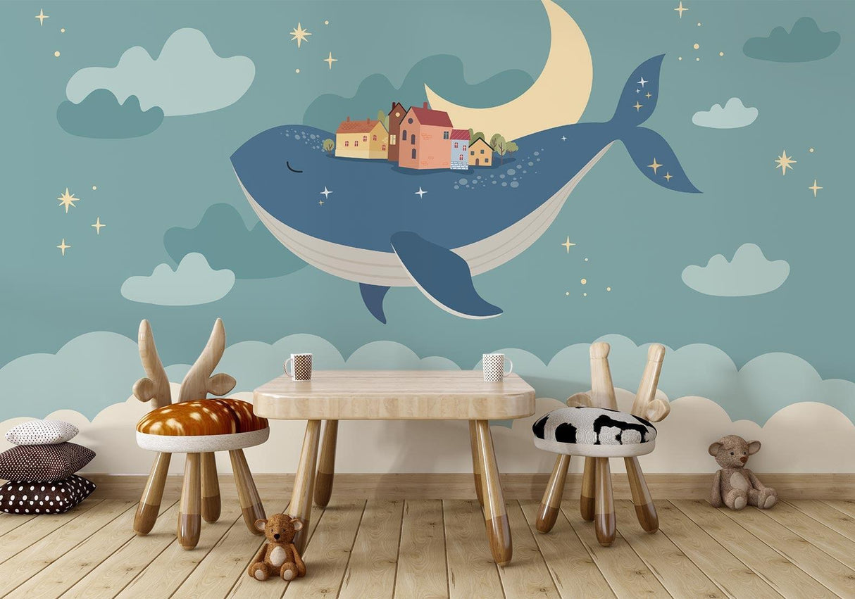 Fantasy whale wallpaper bringing charm to playroom with natural light