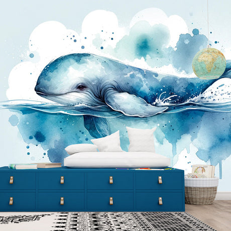 Whale mural wallpaper creating a peaceful atmosphere in a modern living room with natural light and minimal furniture