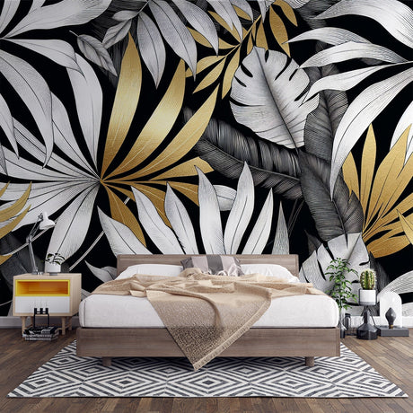 Tropical Mural Wallpaper  Black and Gold Palm Leaves Design - Premium wallpaper design showcase