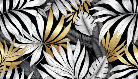 Tropical Mural Wallpaper  Black and Gold Palm Leaves Design - Detailed wallpaper pattern view