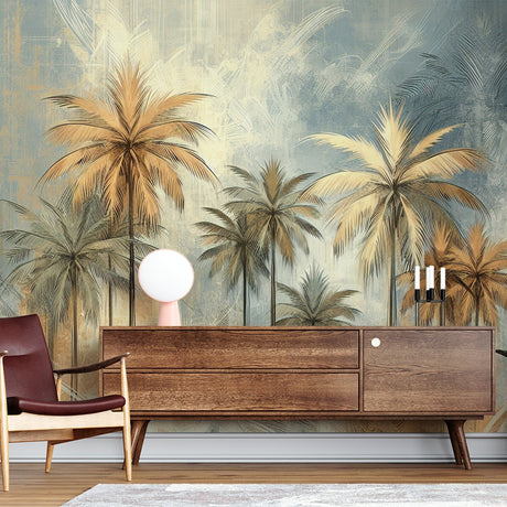 Tropical Mural Wallpaper  Golden Palm Trees with Vintage Haze - Premium wallpaper design showcase
