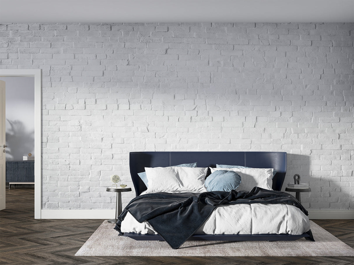 Restaurant interior showing white brick wallpaper in dining area