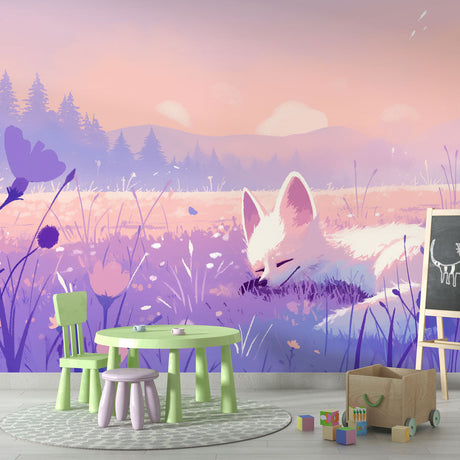 Fox Mural Wallpaper  Dreamy Purple Sunset Meadow - Premium wallpaper design showcase