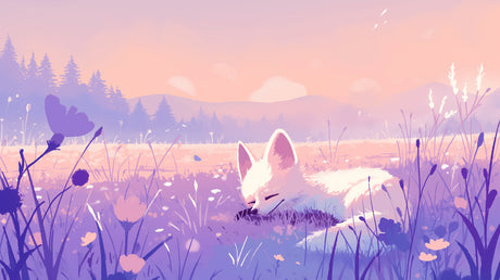 Fox Mural Wallpaper  Dreamy Purple Sunset Meadow - Detailed wallpaper pattern view