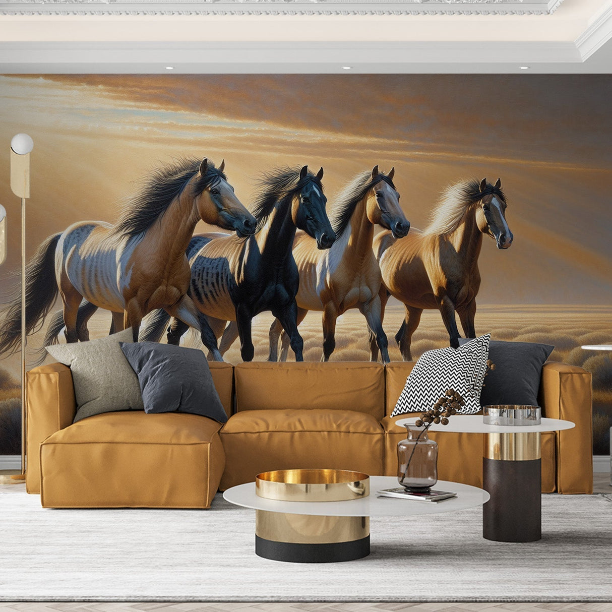 Wild horse mural wallpaper showcased in a modern living room, bringing movement and energy to the space