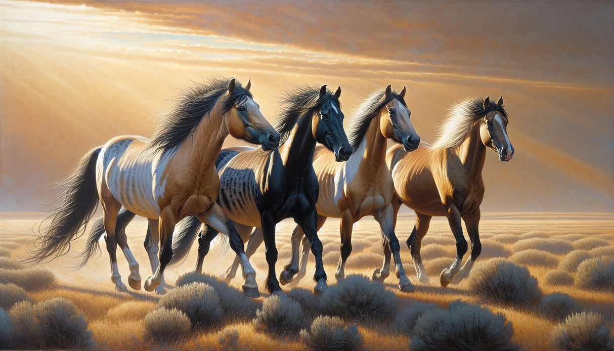 Horse wallpaper design file showing detailed desert sunset scene with galloping horses