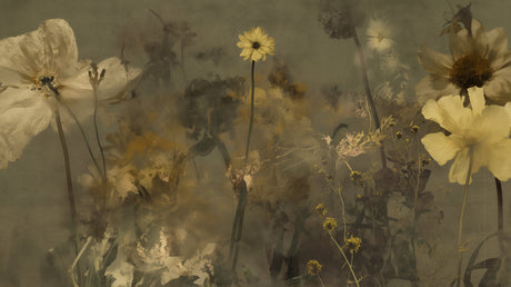 Floral Mural Wallpaper  Dark Botanical Art With Yellow Daisy - Wallpaper design detail 5