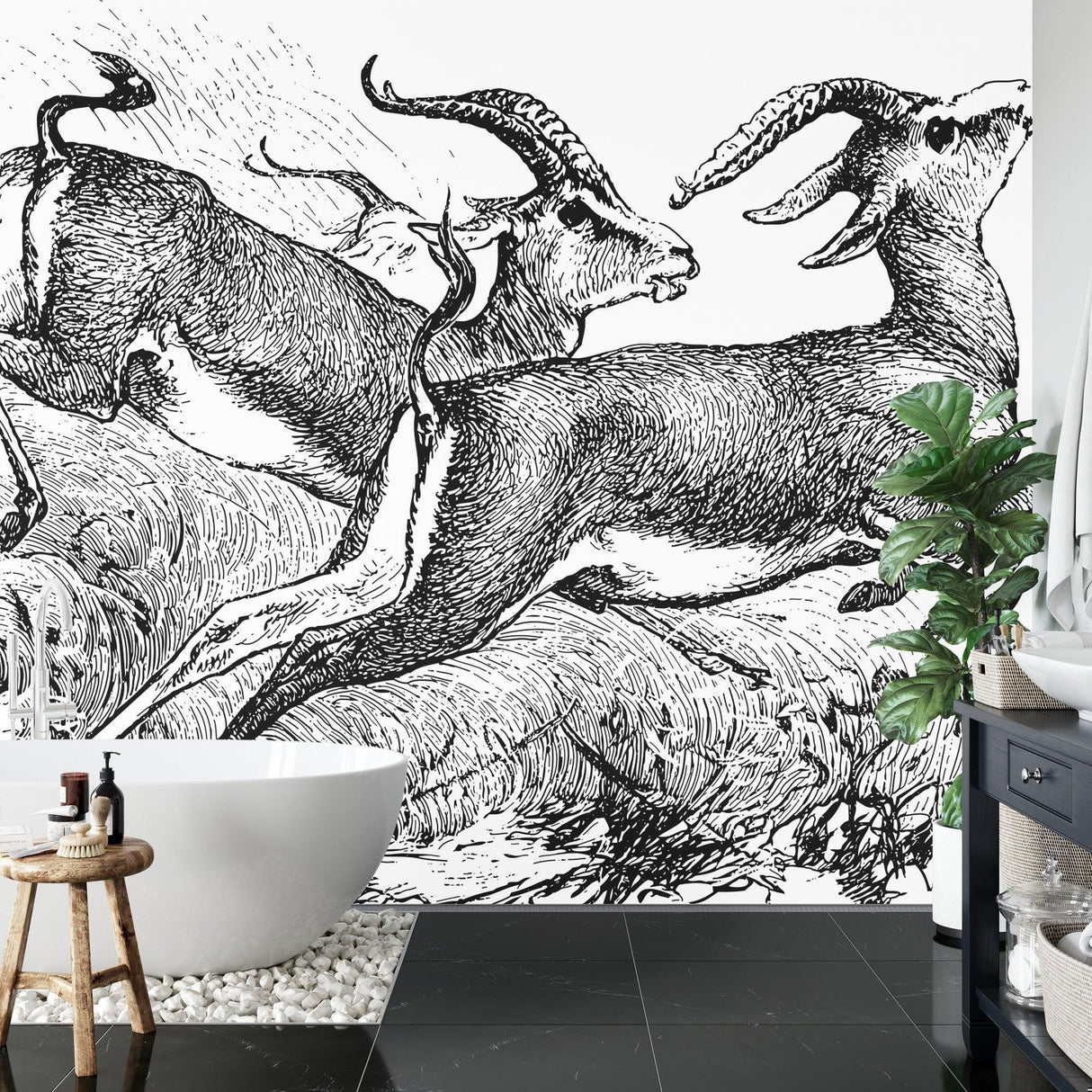 Gazelle sketch wallpaper creating gallery feel in hallway with wooden floors and simple decor