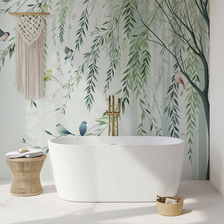 Willow tree wallpaper with birds creating a peaceful atmosphere in a modern living room with natural light