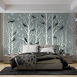 Winter birds wallpaper creating a peaceful atmosphere in a modern living room with white birch trees and gentle snowfall