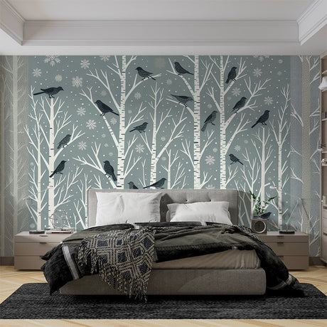 Winter birds wallpaper creating a peaceful atmosphere in a modern living room with white birch trees and gentle snowfall
